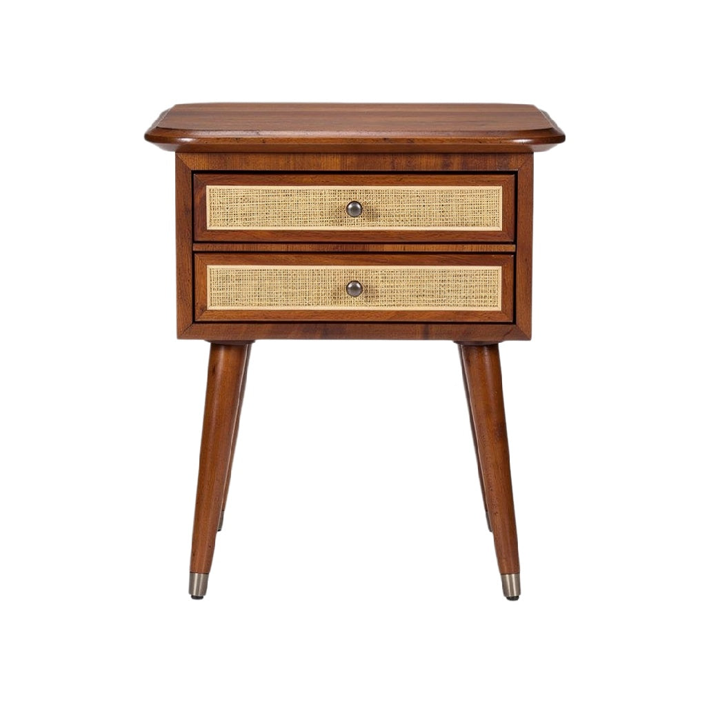 Mid-Century Modern Wooden Nightstand with Rattan Drawers