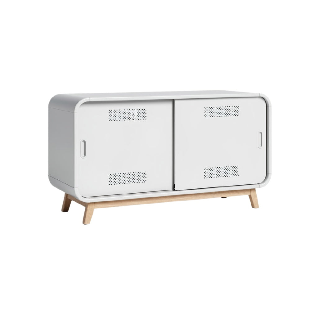 Modern White Media Console with Sliding Doors and Wooden Legs